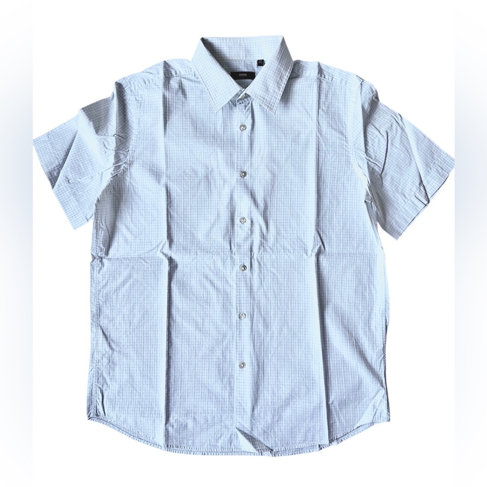 BOSS Hugo Boss Cinzio Shirt Blue Micro Grid cotton Short Sleeve men Size 44 17.5